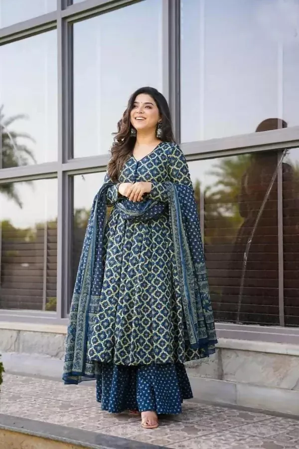 Aayaa Designer Printed Cotton Silk Suit - Multi Color - M