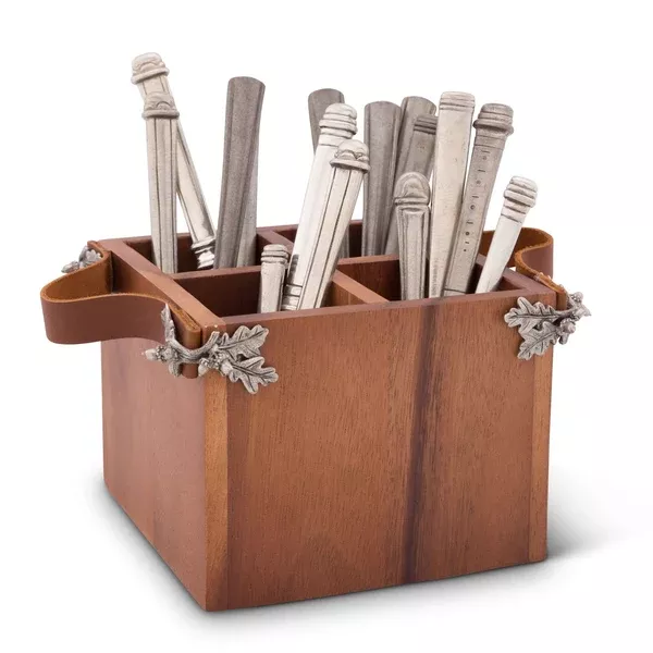 Acorn Oak Leaf Flatware Caddy - Square Box Wood