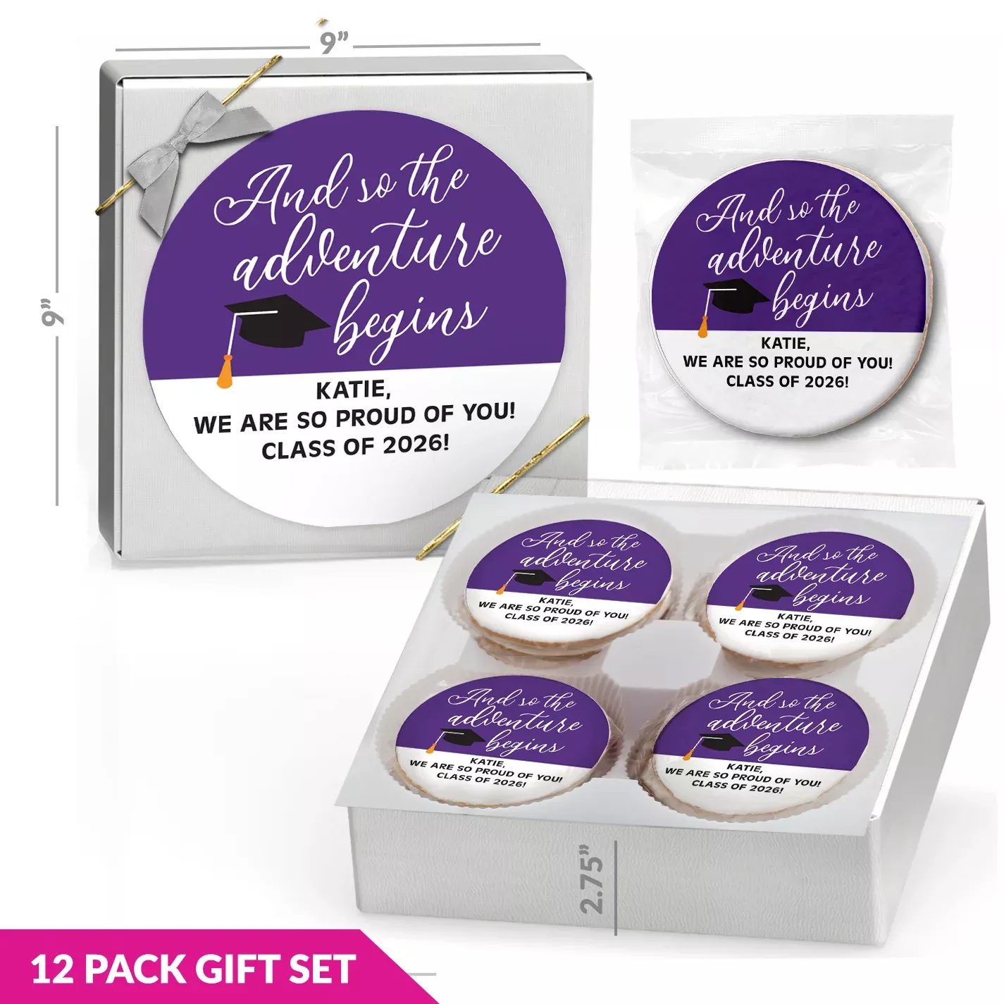 The Adventure Begins Grad Gift Set - Personalized Direct Print on Round Sugar Cookie Gift Box