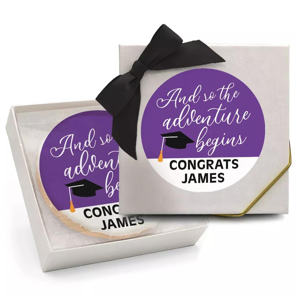 The Adventure Begins Grad - Personalized Direct Print On Round Sugar Cookie w/ Matching Personalized Favor Box, Sticker & Bow Choice