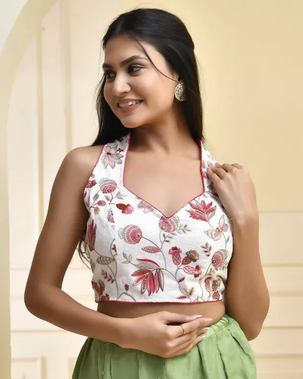 Amodini Designer Studio Floral White Halter Neck Sequined Blouse - 32