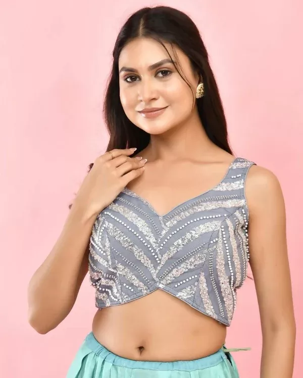 Amodini Designer Studio Heavy Work Grey Pearl Padded Blouse - 32