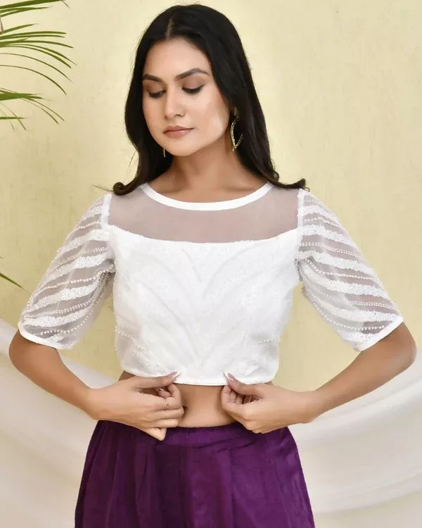 Amodini Designer Studio Heavy Work White Pearl Padded Blouse - 32