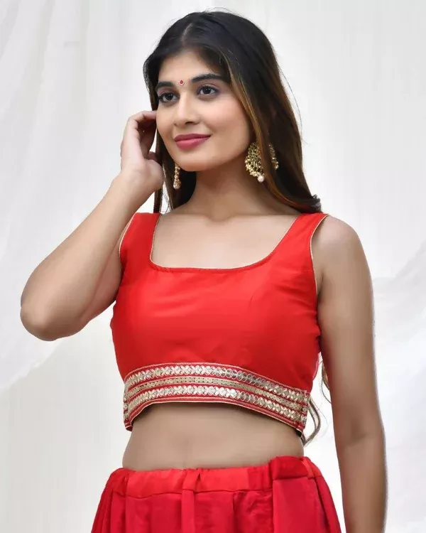 Amodini Designer Studio Red Blouse with Embellished Waistband - 32