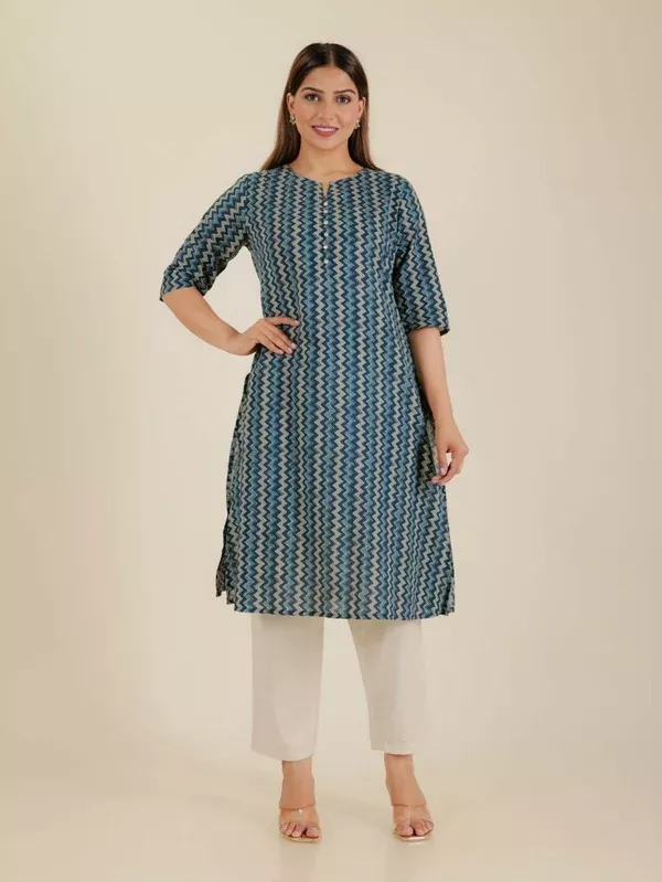 Aramya Blue Soft Cotton Chevron Print A-line Kurta Set for Women - M