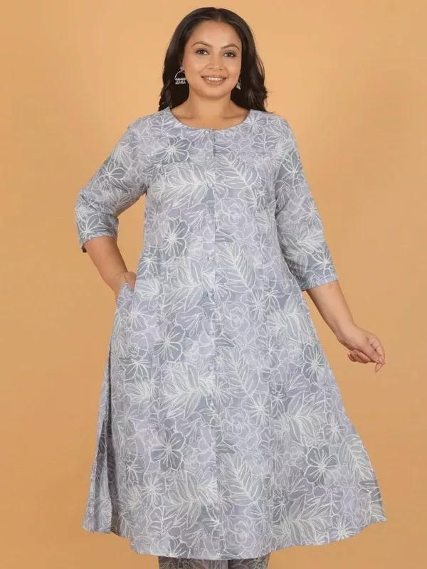 Aramya Grey Soft Cotton Floral A-line Kurta for Women - M