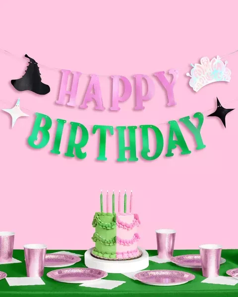 Birthday Witch Banner - pink + green foil banner