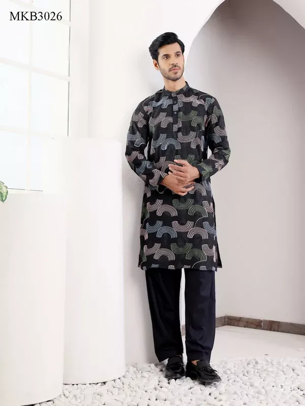 Black Linen Designer Embroidery Work Men's Rajwadi Kurta Set - Mahotsav - M