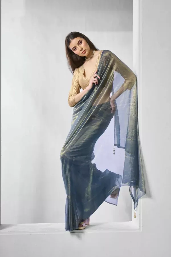 Blue Gold Tissue Net Solid & Gold Cotted Saree - Samaa