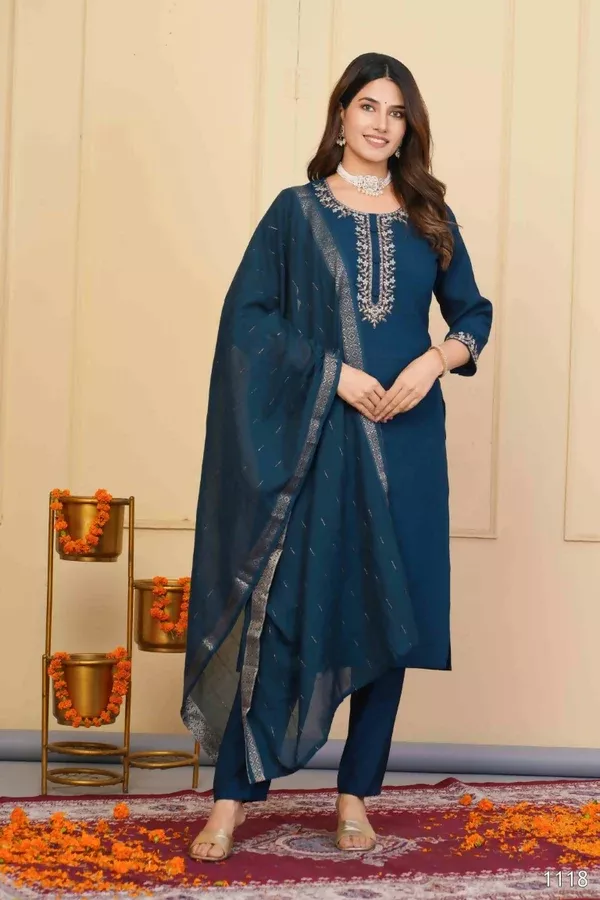 Blue Viscose Chanderi Embroidered Stitched Suit With Dupatta - Tanisha - S