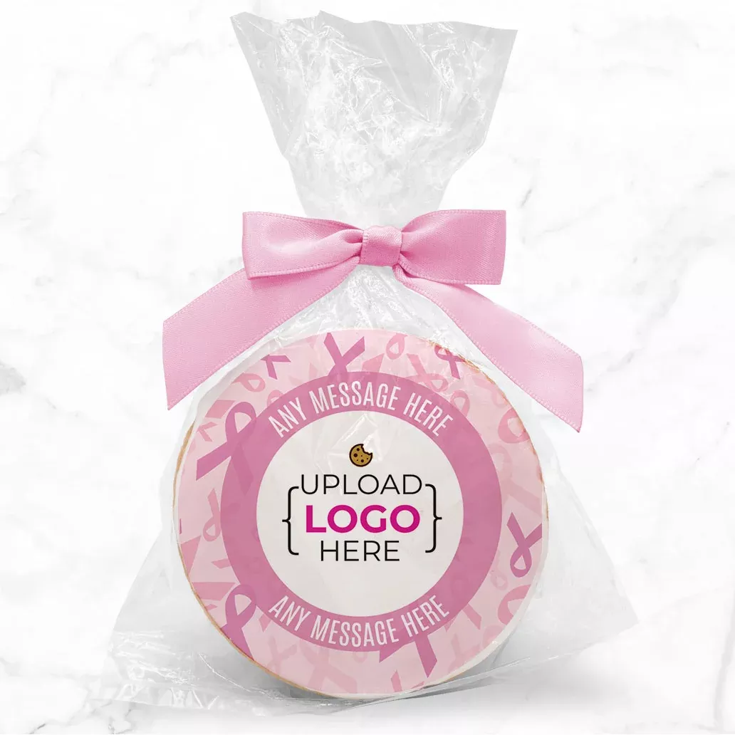 Breast Cancer Logo Upload - Personalized Direct Print On Round Sugar Cookie w/ Gift Bag & Matching Bow