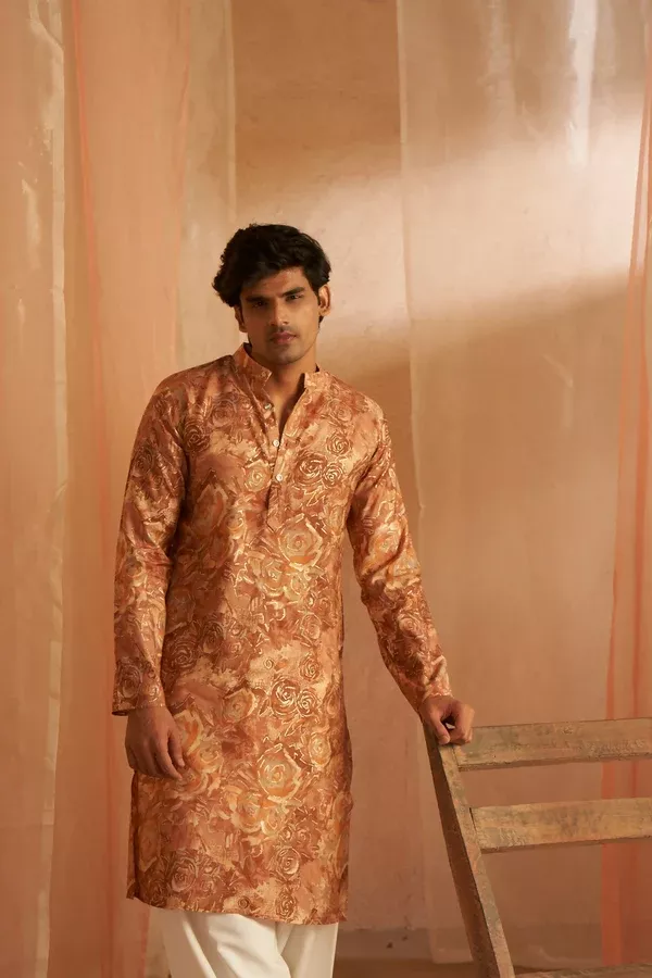 Brown Modal Silk Designer Printed Men's Kurta Set - Mahotsav - M