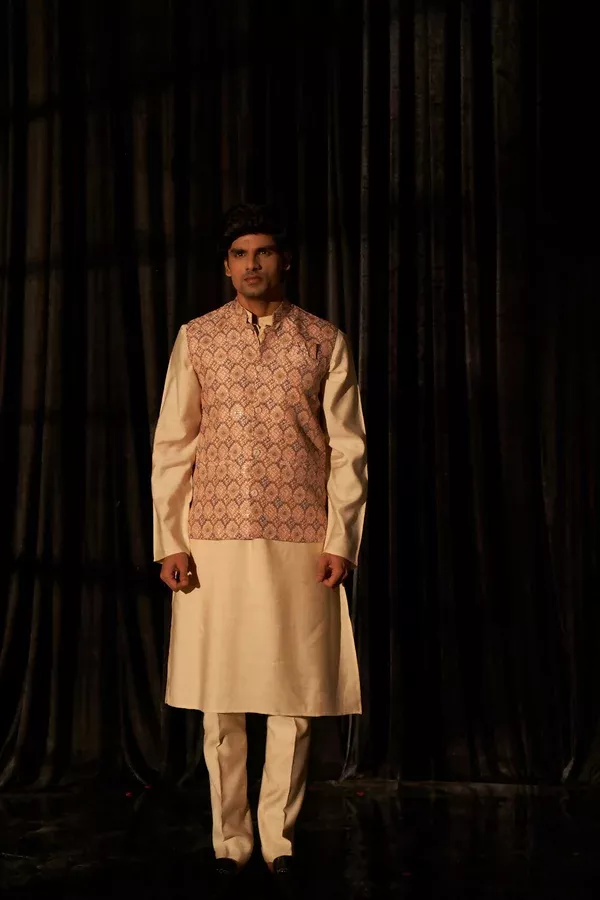 Brown Viscose Designer Printed Men's Kurta Set with Koti - Mahotsav - M