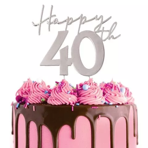 Cake Topper | Happy 40th | Silver Metal