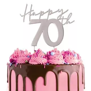 Cake Topper | Happy 70th | Silver Metal