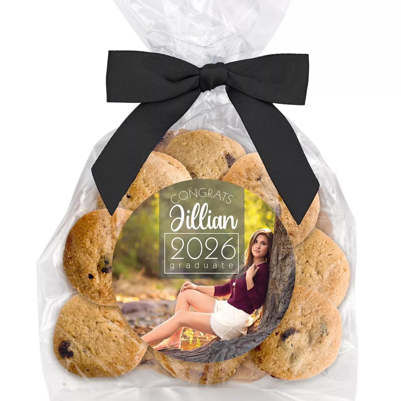 Congrats Grad photo Overlay - Bite-Sized Chocolate Chip Cookies (3 oz., approx. 21 cookies) W/ Full Color Custom Sticker & Bow Choice