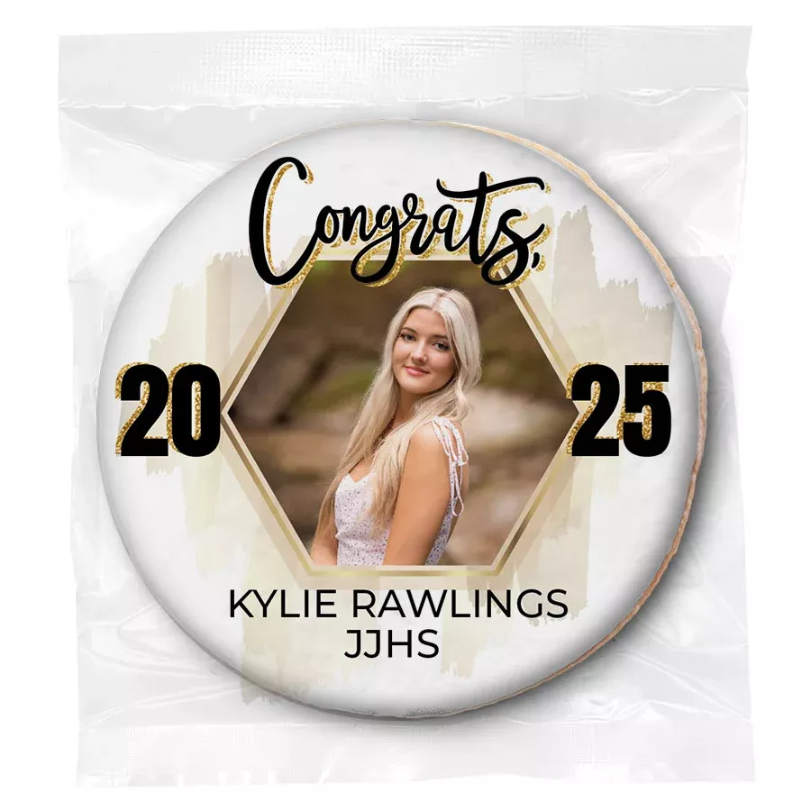 Congrats Photo Gold Hexagon - Personalized Direct Print On Round Sugar Cookie