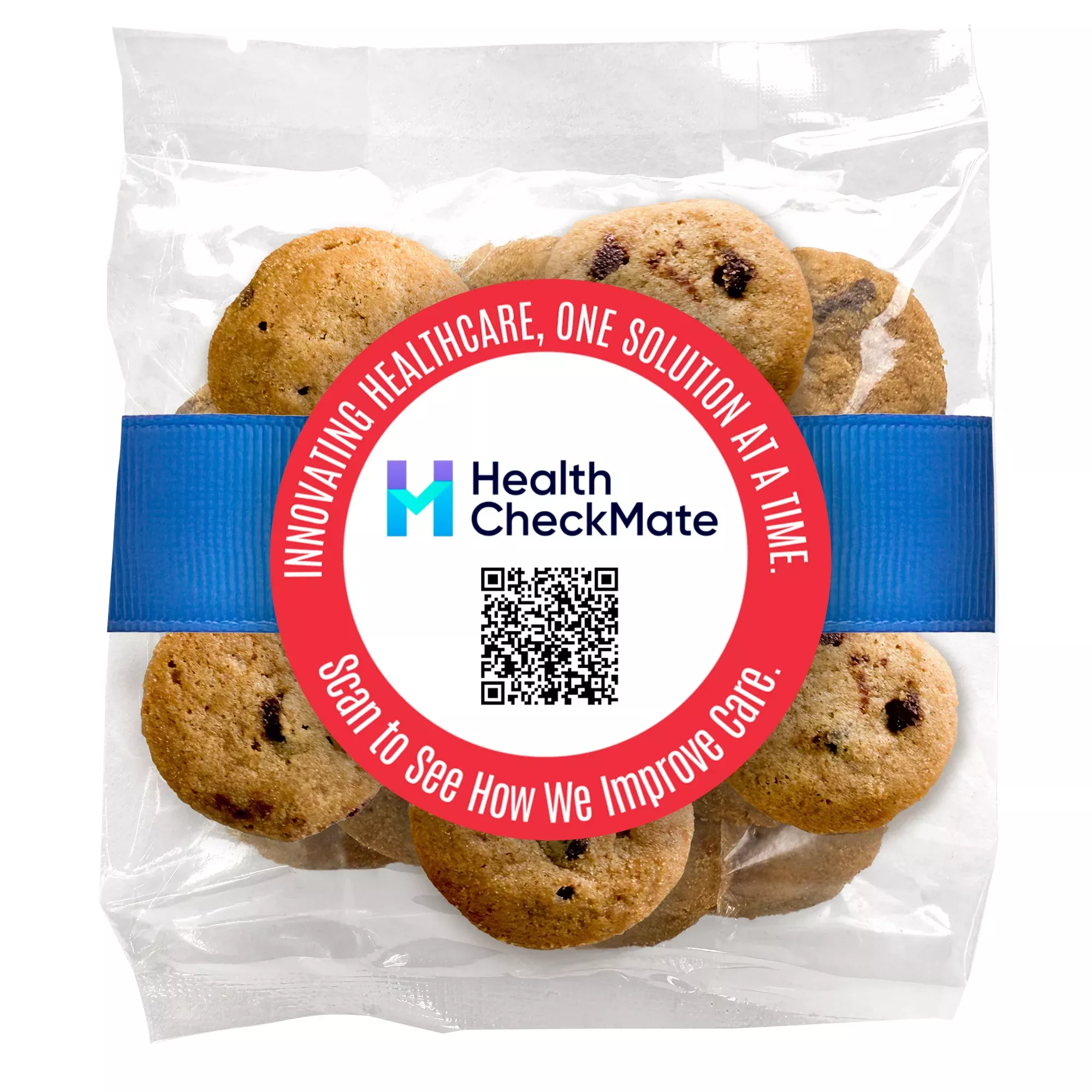 Corporate QR CODE Upload & Message - Chocolate Chip Mini Cookies (2 oz) W/ Full Color Custom Sticker & Ribbon