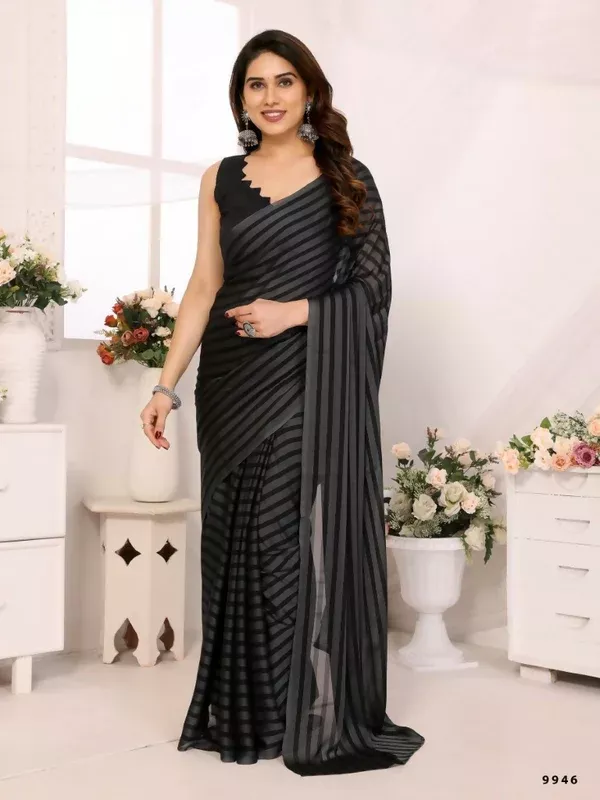 Designer Partywear Black & Grey Georgette Fancy Saree - Satrangi