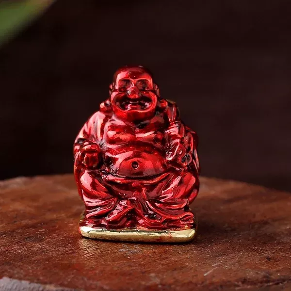 Estele Gold-Polished Laughing Buddha with Maroon Stone Type:Enamel Idol for Perfect Home and Office/Car Decors