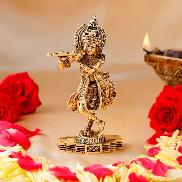 Estele Gold-Polished Sri Krishna Idol for Pooja/Car decor