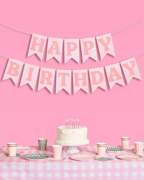 Gingham Birthday Banner - pre-strung banner