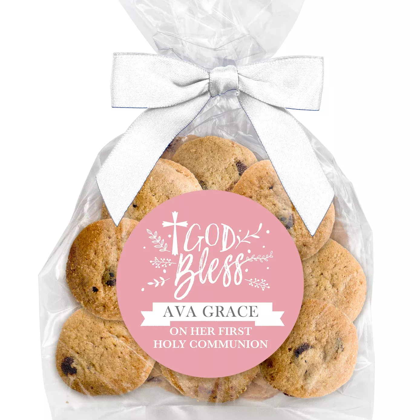 God Bless Banner Pink - Bite-Sized Chocolate Chip Cookies (3 oz., approx. 21 cookies) W/ Full Color Custom Sticker & Bow Choice