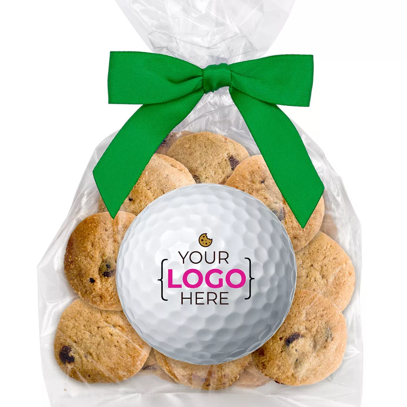 Golf Ball & Logo Upload - Chocolate Chip Mini Cookies (3 oz) W/ Full Color Custom Sticker & Bow Choice