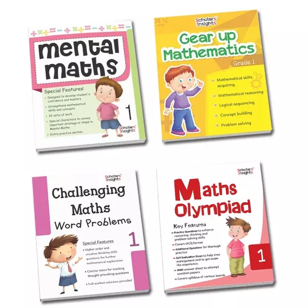 Grade 1 Comprehensive Learning with Mathematics Workbooks Set of 4 Ages 6-7 Years: Gear Up Math, Mental Math, Olympiad, and Challenging Word Problems