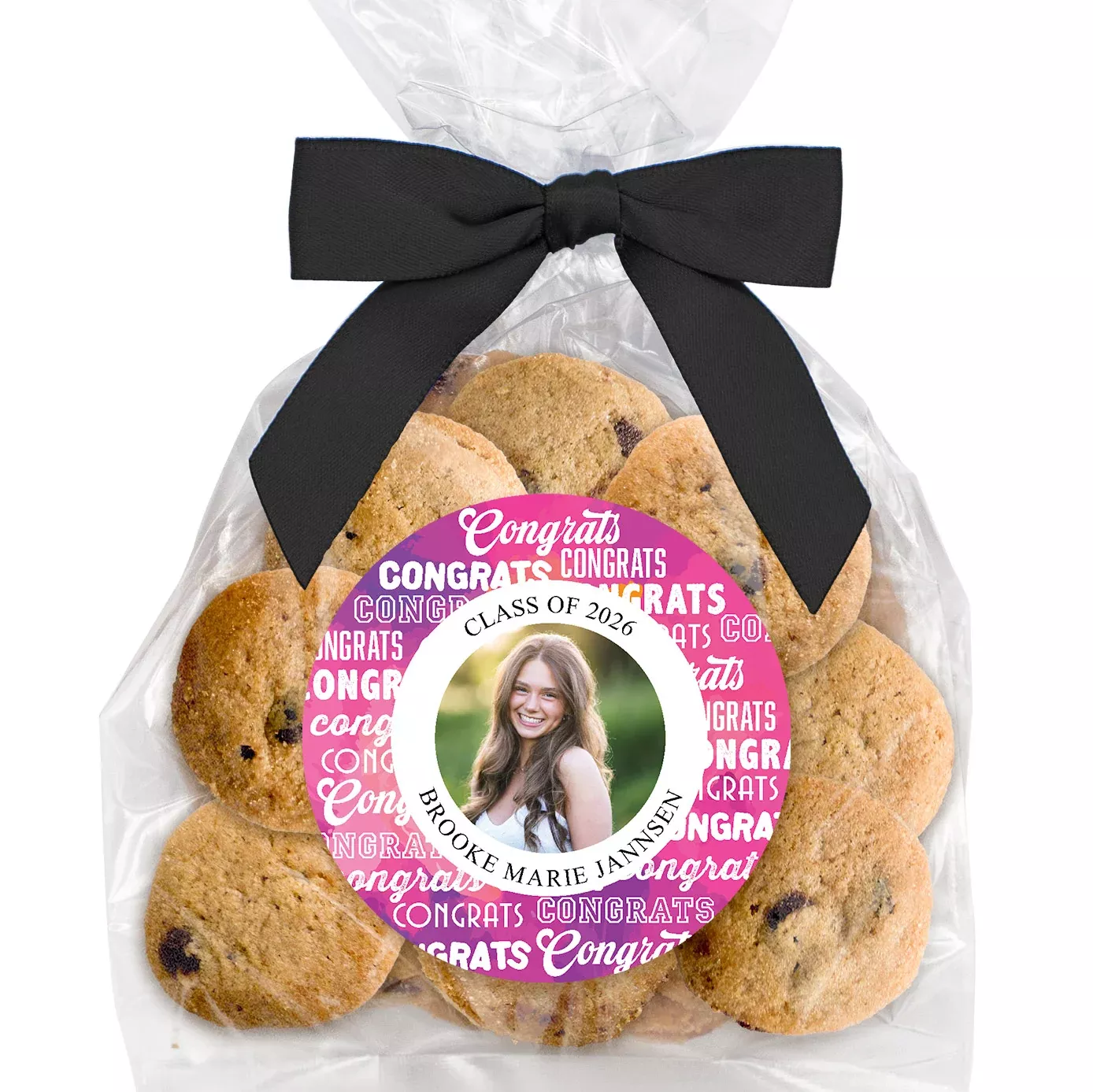 Graduation Build Your Own Pattern & Photo Upload - Bite-Sized Chocolate Chip Cookies (3 oz., approx. 21 cookies) W/ Full Color Custom Sticker & Bow Choice
