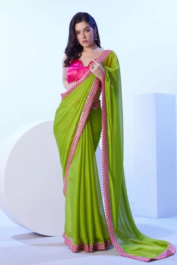 Green Moss Solid Designer & Lace Work Saree - Samaa