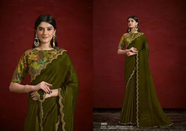 Green Natural Crepe Georgette Silk Sequence with Handwork Saree with Stitched Blouse - Mohmanthan Aaina - Free Size