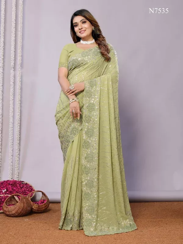 Green Pure Georgette Embroidered Saree With Stitched Blouse - Nimaya Kaksha - Free Size