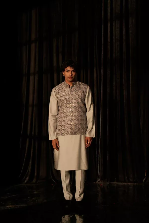 Grey Viscose Designer Printed Men's Kurta Set with Koti - Mahotsav - M