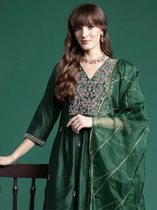 Indo Era Green Embroidered A-Line Kurta Trousers set - S