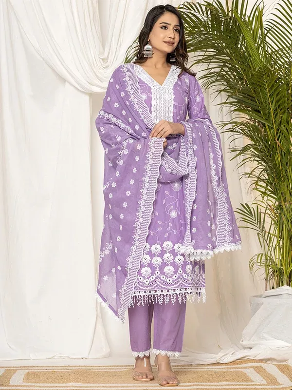 Indo Era Lavender Embroidered Straight Kurta Trousers set - S