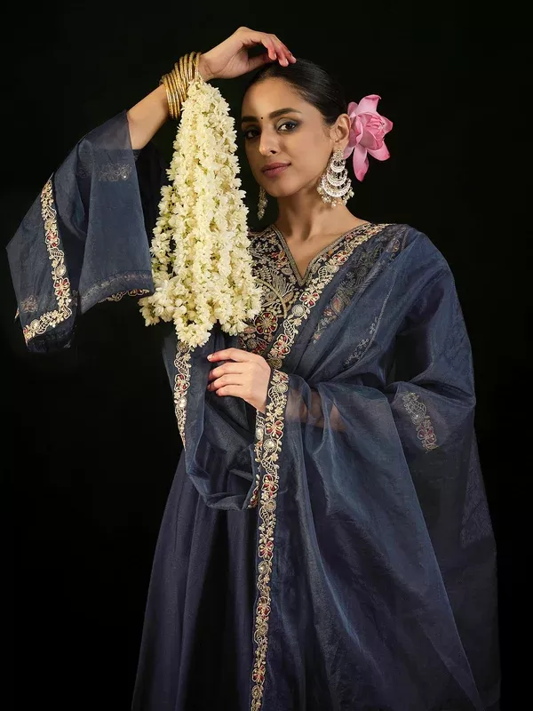 Indo Era Navy Blue Embroidered A-Line Kurta Trousers set - S
