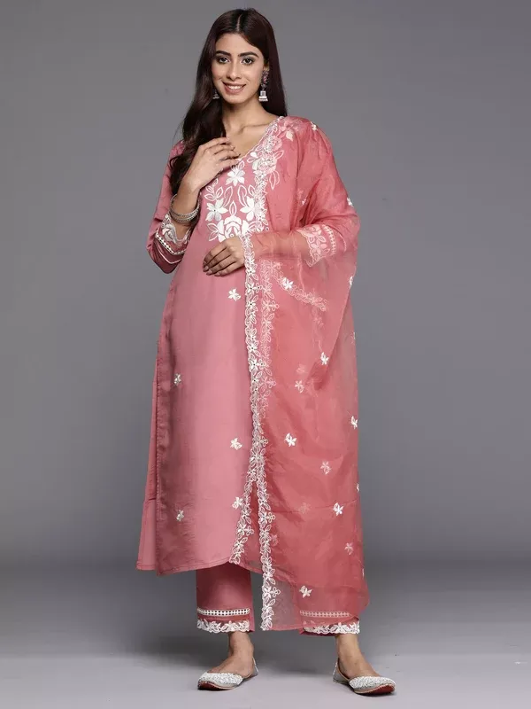 Indo Era Rust Embroidered Straight Kurta Trousers With Dupatta set - S