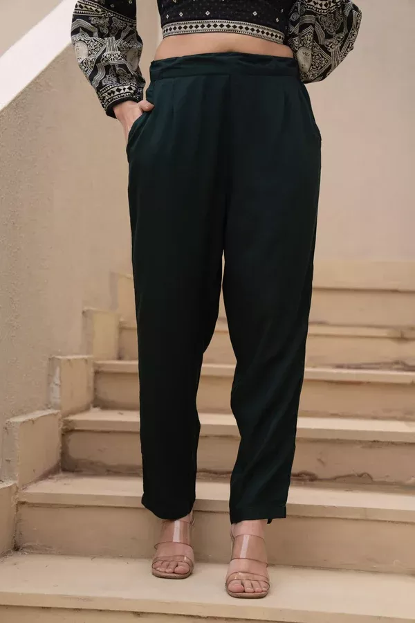 Juniper Bottle Green Solid Viscose Pants - S