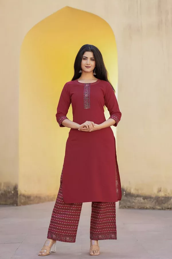 Juniper Maroon Floral Printed Viscose Kurta & Palazzo With Thread Work - S