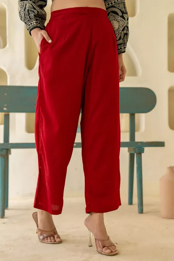 Juniper Maroon Solid Viscose Palazzo Pants - S