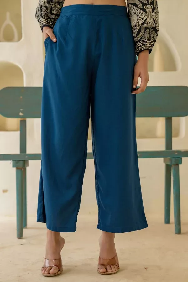 Juniper Navy Solid Viscose Palazzo Pants - XL