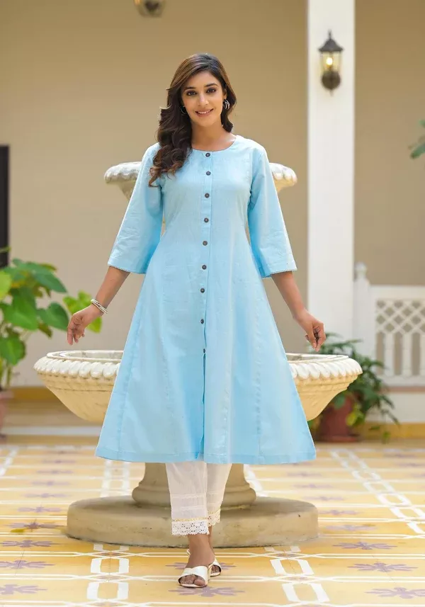 Juniper Powder Blue Solid Cotton Linen Kurta With Button Closure - S