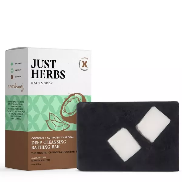 Just Herbs Coconut + Activated Charcoal Deep Cleansing Bathing Bar - 100 gm