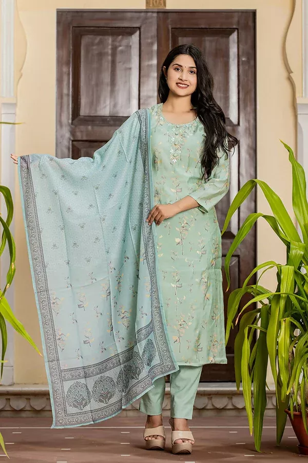 Kaajh Women's Sky Blue Printed Modal Silk Suit Set - S