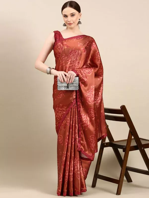 kasee Floral Print Satin Saree - Onesize