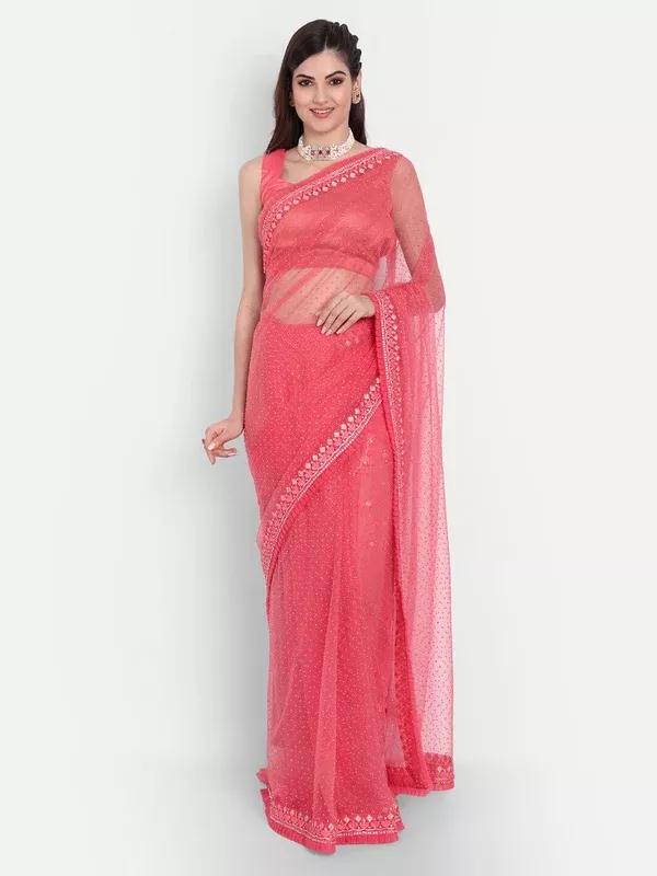 kasee Women Red Floral Embroidered Net Saree - Onesize