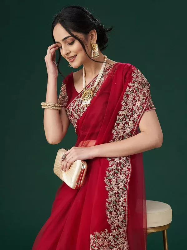 kasee Women's Aari Work Embroidered Net Sarees - Onesize