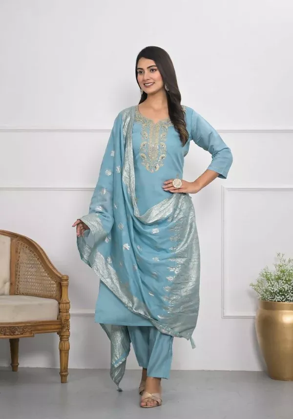 Lavender Viscose Silk Embroidery with Thread and sequence Stitched Suit With Dupatta - Tanisha - S