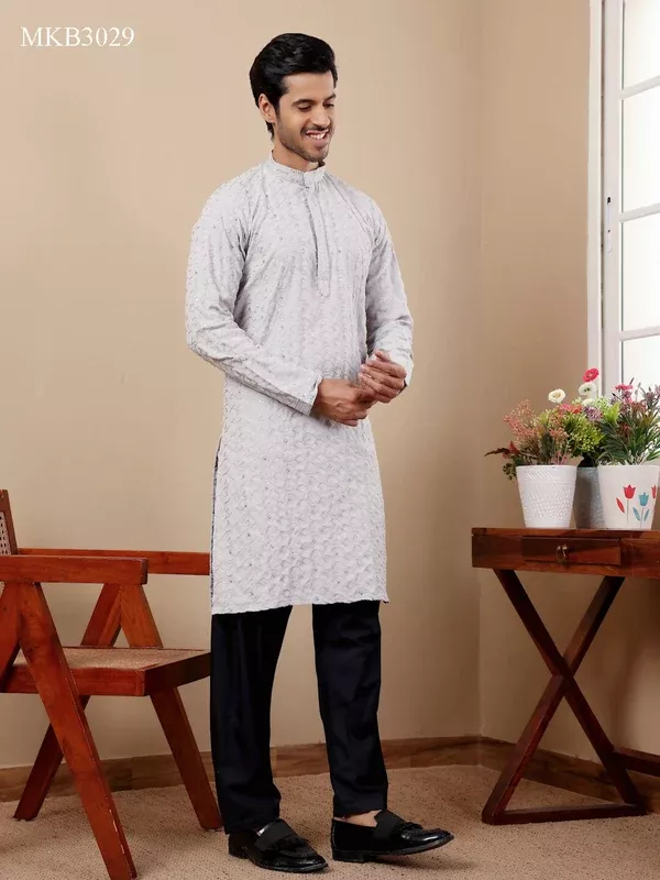 Light Blue Linen Designer Embroidery Work Men's Rajwadi Kurta Set - Mahotsav - M
